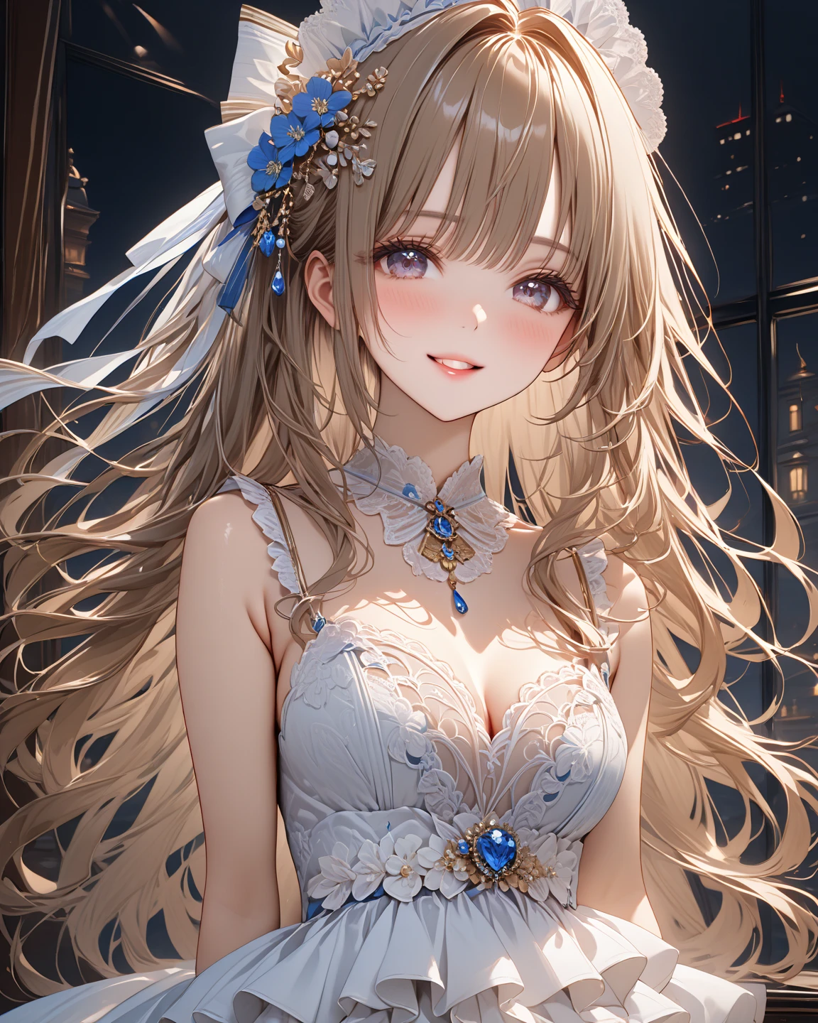 (Highly detailed CG Unity 8K wallpapers、masterpiece、top-quality、The ultra-detailed)、(extremely delicate and beautiful)、(dynamic ungle、portlate)、adult lady、(Brown hair)、(Away from the shoulders)、Beautiful face、white-skinned、depth of fields、radiant lips、vivd colour。embarrassed from、short-cut、straight haired、cardigan、(laught)、(eyes gentle)、Happiness、(grey eyes)、Dazzling smile、(Oversize)、Crumpled smile、Hands in the mouth、Bright background、Big Breasts