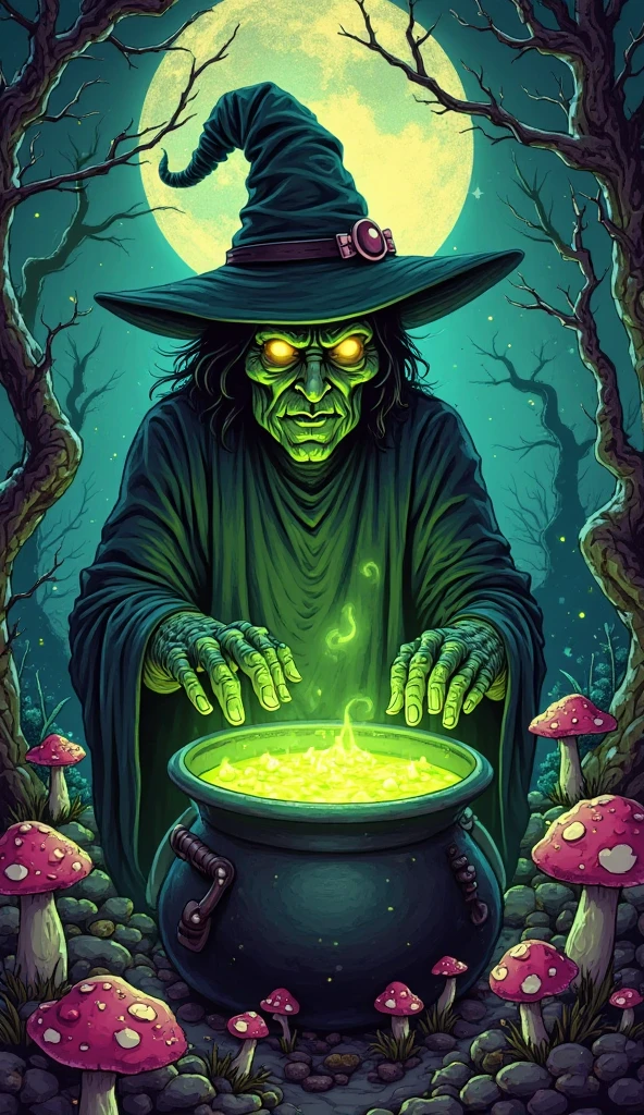old crone witch, standing before a (copper cauldron, double bubble, toil and trouble), familiar by her side, a book of shadows on a lectern next to her, shelves on the bachkground with glass jars full of herbs, bioluminescent mushrooms, powders, potions, eyes of newt, and gross or scary ingredients, (long) black hooded dress, glow, nether, whimsical, faerie tale, fantasy, impressive, intricate details, (photorealistic)