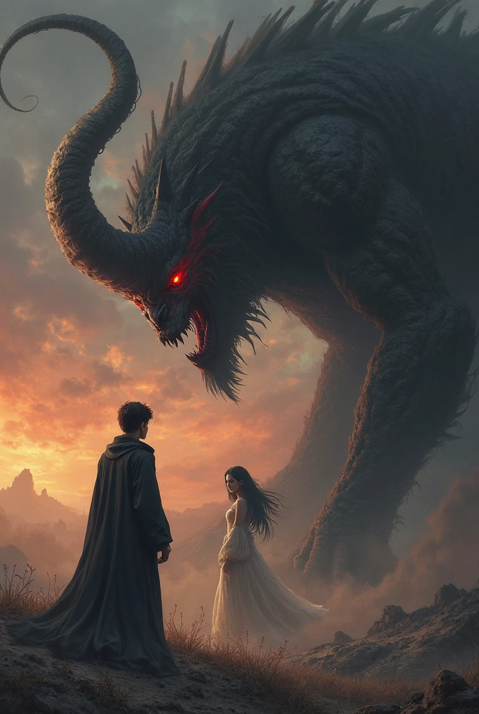 girl, behind her a giant monster in the dark, album cover. horror scene