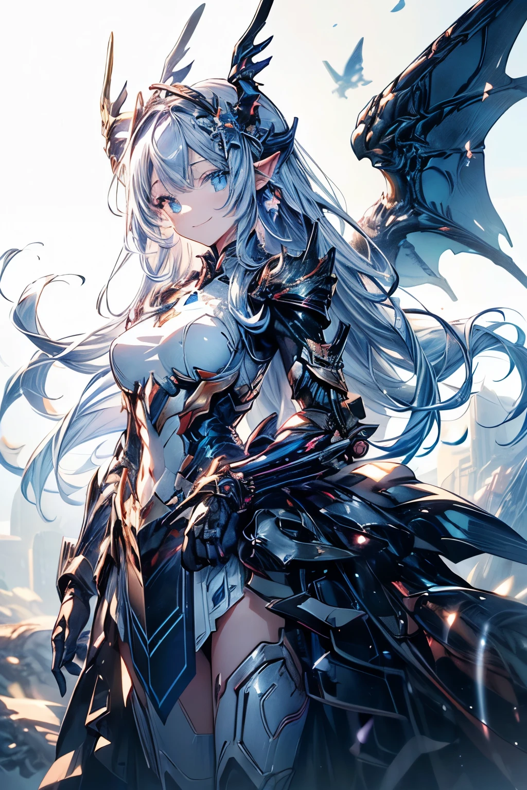 (((masterpiece、Highest quality、Hi-Res、16k))) ( 1 female)、
Are you fighting a fleet in space、(futuristic:1.1)、( Armed Girl、Mecha Girl、Dragon Wings、 dragon horn、 Blue Eyes、Symmetrical wings, Blue Armor、)、 anime、( 柔らかいsmile )、 Long Blue Hair、 standing picture、
Majestic Photos 、 front view、smile, anime風, light/dark method, multiple views, fluorescence, anime, lens flare, sparkle、((全身 front view))、(very well detailed:1.5)