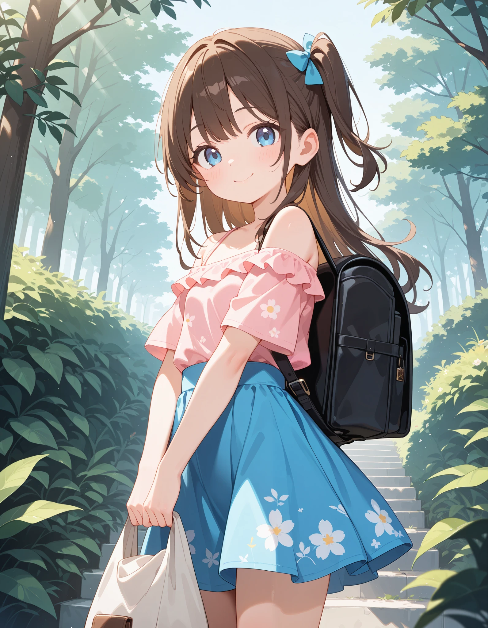 masterpiece, best quality, highres, 1girl, long hair, one side up, solo, ponytail, hair bow, flat breasts ,brown hair, blue eyes, bare shoulders, pink shirt, floral print, short sleeves, off-shoulder shirt, frills, blue skirt, cowboy shot, smile,standing, outdoor, day, looking at viewer, holding backpack, rugsack