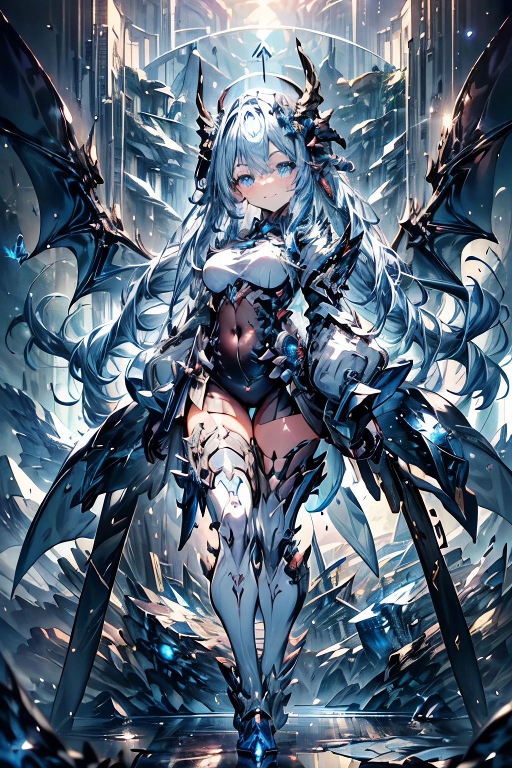 (((masterpiece、Highest quality、Hi-Res、16k))) ( 1 female)、
Are you fighting a fleet in space、(futuristic:1.1)、( Armed Girl、Mecha Girl、Dragon Wings、 dragon horn、 Blue Eyes、Symmetrical wings, Blue Armor、)、 anime、( 柔らかいsmile )、 Long Blue Hair、 standing picture、
Majestic Photos 、 front view、smile, anime風, light/dark method, multiple views, fluorescence, anime, lens flare, sparkle、((全身 front view))、(very well detailed:1.5)