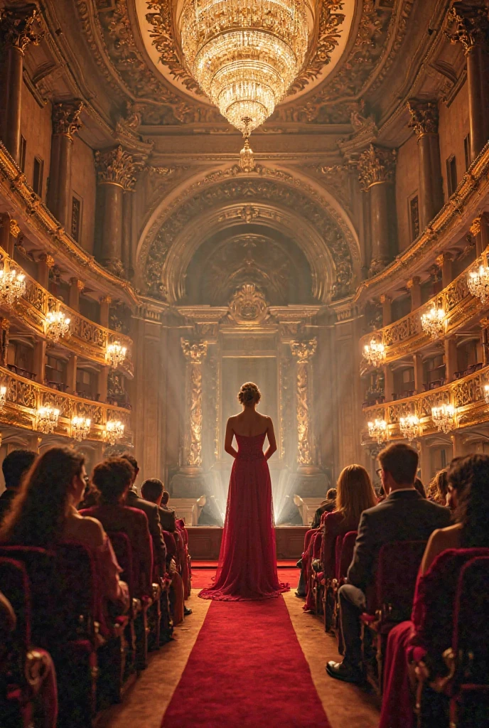 A beautiful Italian soprano opera singer is giving an excellent performance on the stage of a classical opera, the setting is traditional and elaborate, several people are watching in their seats, with stage lighting and indirect lighting, ultra definition, realismo, Inspiration from classical music