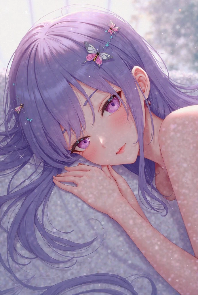 purple hair girl, small girl, one girl, purple wedding dress, face on camera, tight shirt, show large chest, dark isekai, shy girl, pitiful face, face forward to camera, asking pose, pink cheeks, half body, body on big chain, smile, purple eyes, no nails, pink blushes, very big breast, cleavage, wet breast, leg up