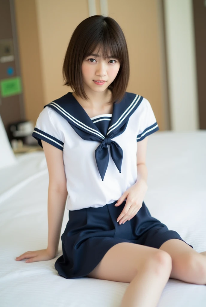 one japanese mature milfs putting on summer school sailor suit on the bed