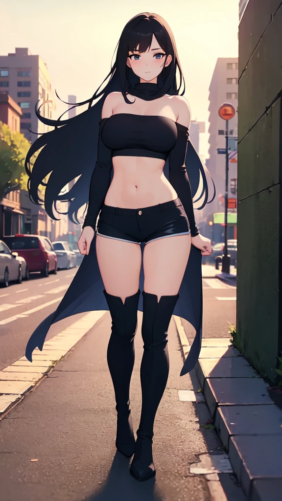 Alaf woman in tight shorts and tight stockings walking down anime street, tights; in a street, pantyhose tights, hotpants, tights, tights, Wearing tight simple clothes, nylon tights, black extremely tight jeans, best qualtiy，cinmatic lighting，细致背景，beatiful detailed eyes，Bright pupils，Black eyes，（Very fine and beautiful），（Beautiful and detailed eyes description），(((The navel is visible))),ultra - detailed，tmasterpiece，））Slim legs, wearing denim short shorts, denim hot-pants, Wearing stockings, Wearing black shorts, Hot Pants, tight denim jeans