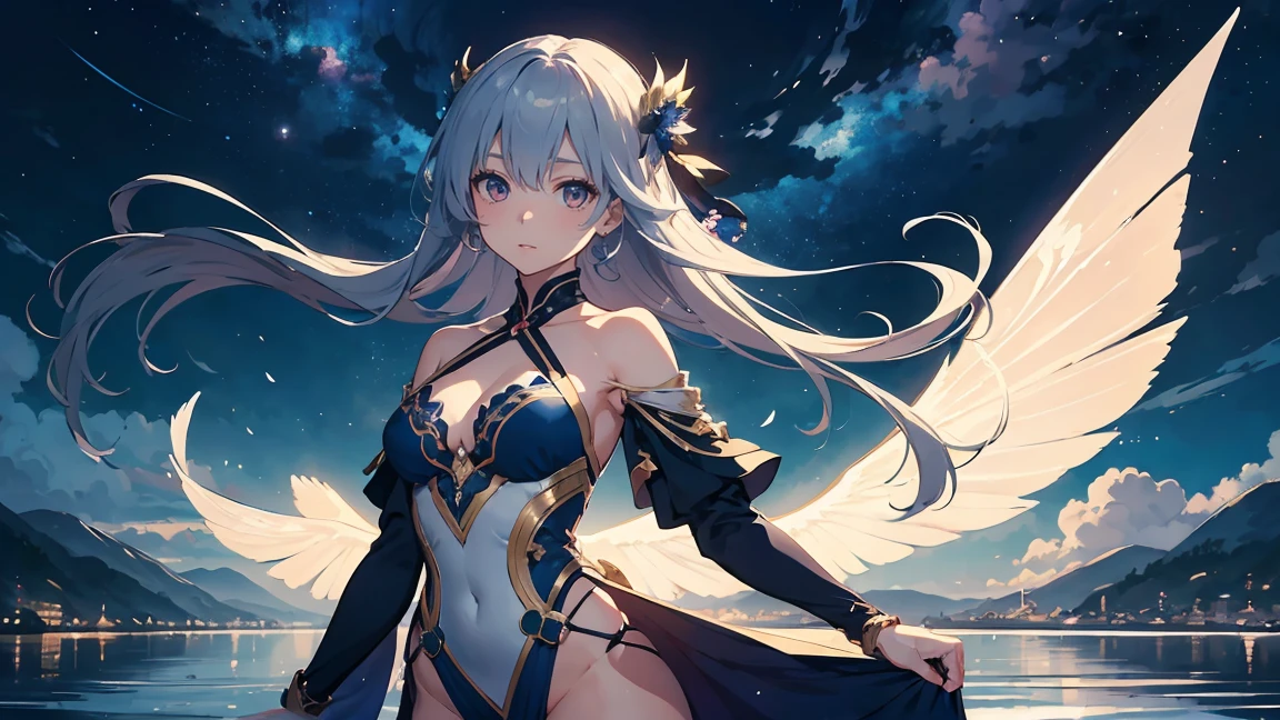 dragon girl, first you, clear hair, with sensual armor, carrying a sword, mountain environment like that of clouds, near a temple, the starry sky with two moons in the sky
