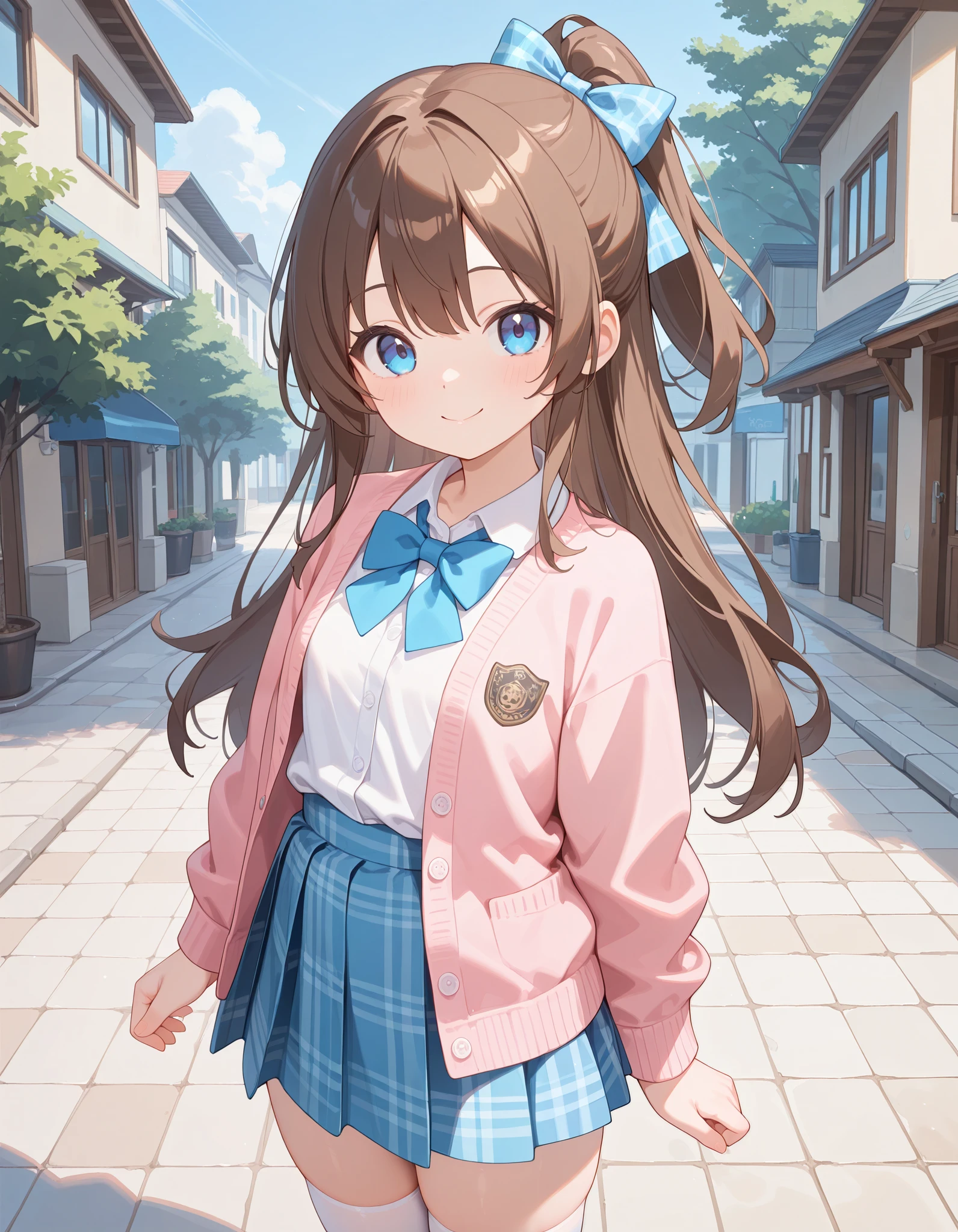 masterpiece, best quality, highres, 1girl, long hair, one side up, solo, ponytail, hair bow, flat breasts ,brown hair, blue eyes, white collared shirt, pink cardigan, blue bowtie, plaid skirt, blue skirt, white thighhighs, cowboy shot, smile,standing,  outdoor, day, looking at viewer, 