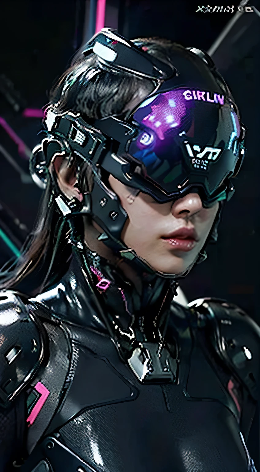Hyper-realistic, woman , wearing futuristic vr, dark background, high quality image, ,(wearing head-mounted display that is chunky and hi-tech with neon lights:1.2) inside spaceship, stylished suit,