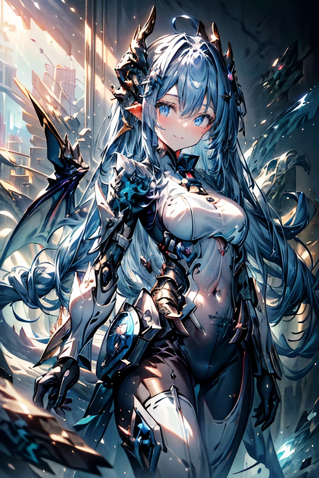 (((masterpiece、Highest quality、Hi-Res、16k))) ( 1 female)、
Are you fighting a fleet in space、(futuristic:1.1)、( Armed Girl、Mecha Girl、 Dragon Wings、dragon horn、 Blue Eyes、Symmetrical wings, Blue Armor、)、 anime、( 柔らかいsmile )、 Long Blue Hair、 standing picture、
Majestic Photos 、 front view、smile, anime風, light/dark method, multiple views, fluorescence, anime, lens flare, sparkle、((全身 front view))、(very well detailed:1.5)