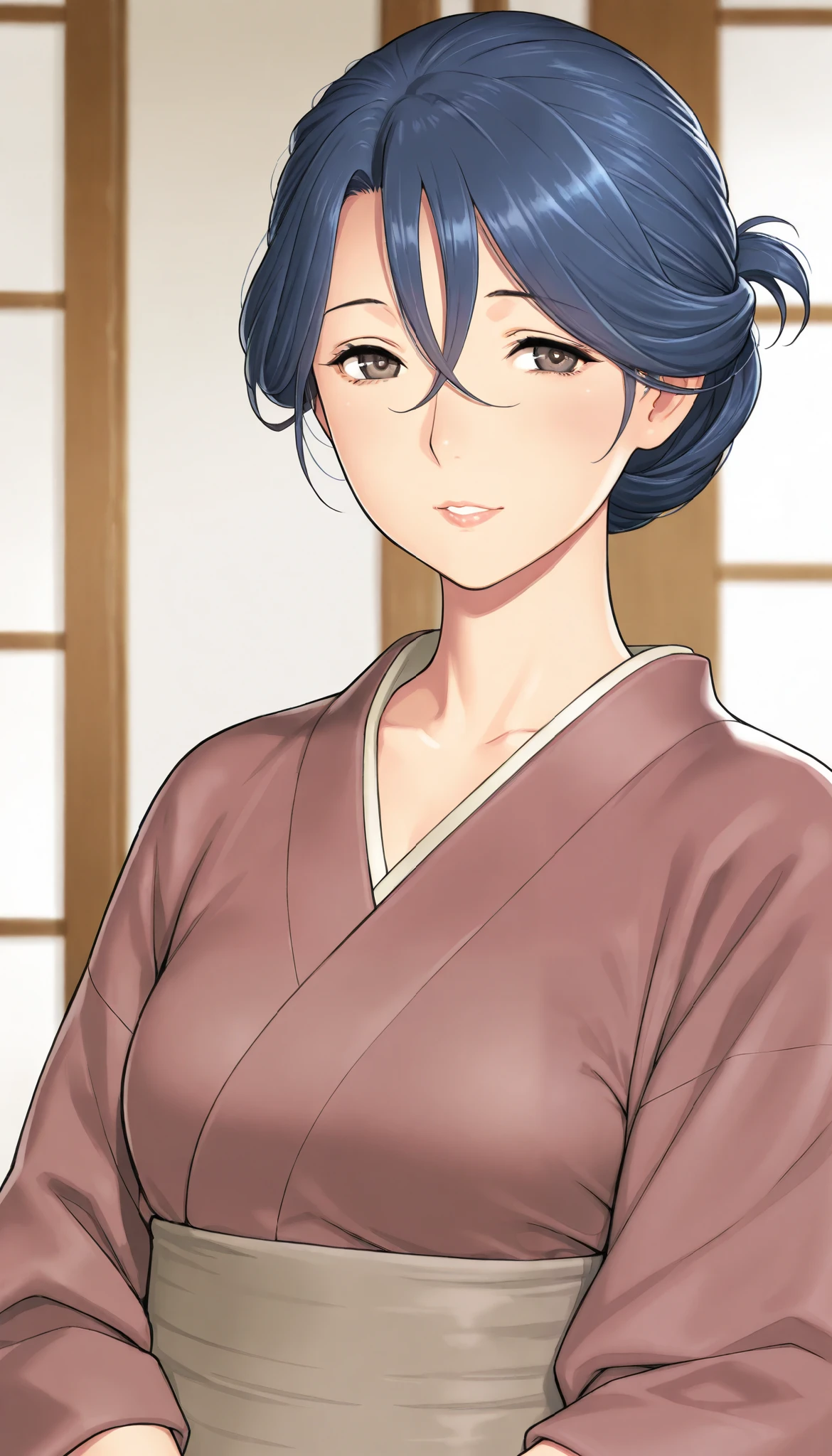 mature woman, housewife, Blue Hair, hair between eyes, chignon hair, The costume of the Japanese inn's wife, Chest, Mature Woman, Soft light, High Precision, best quality, upper body, small breasts 、Larger clothes