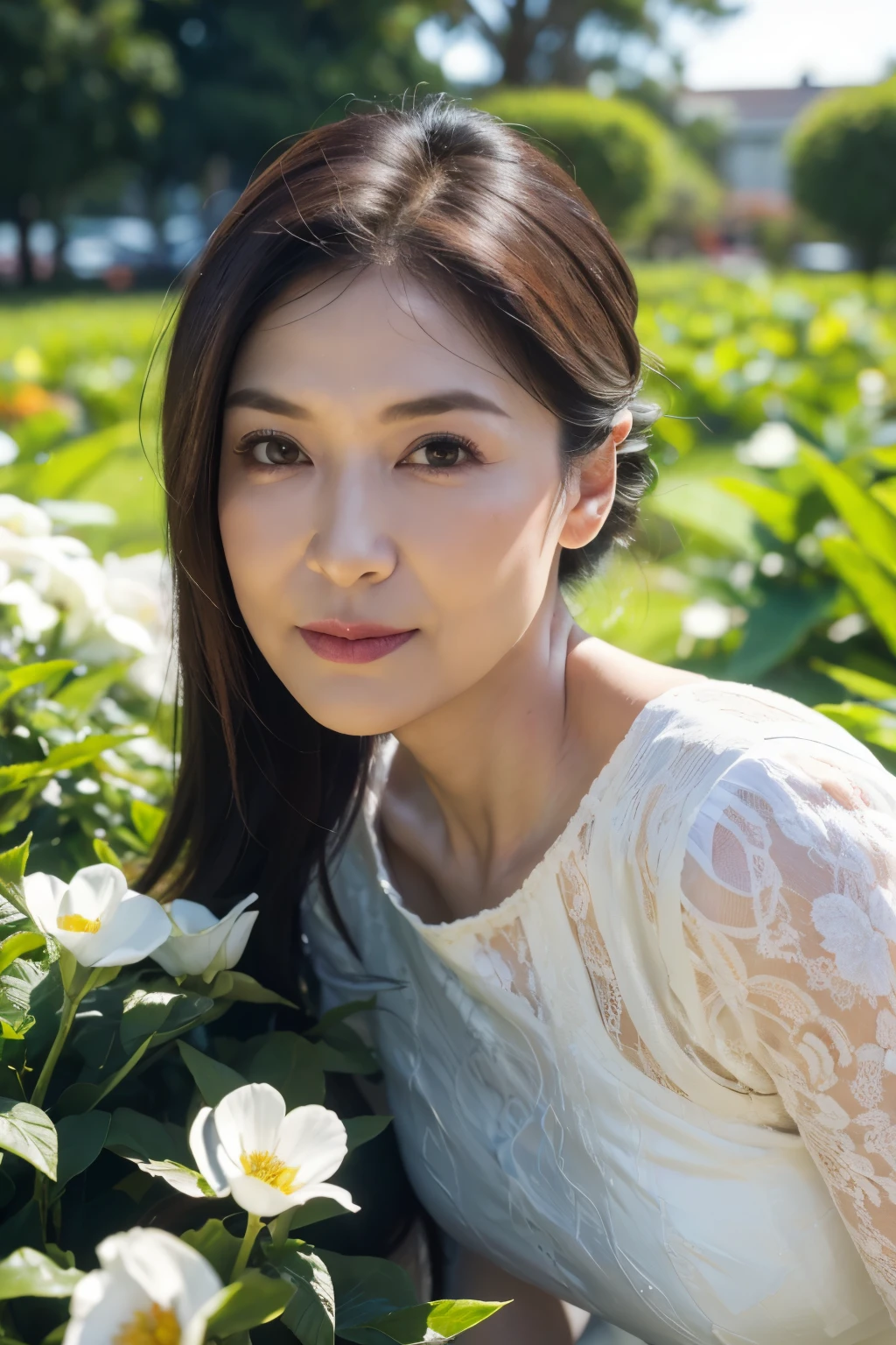 Highest quality、masterpiece、High sensitivity、Hi-Res、50mature woman、thin body、white dress、