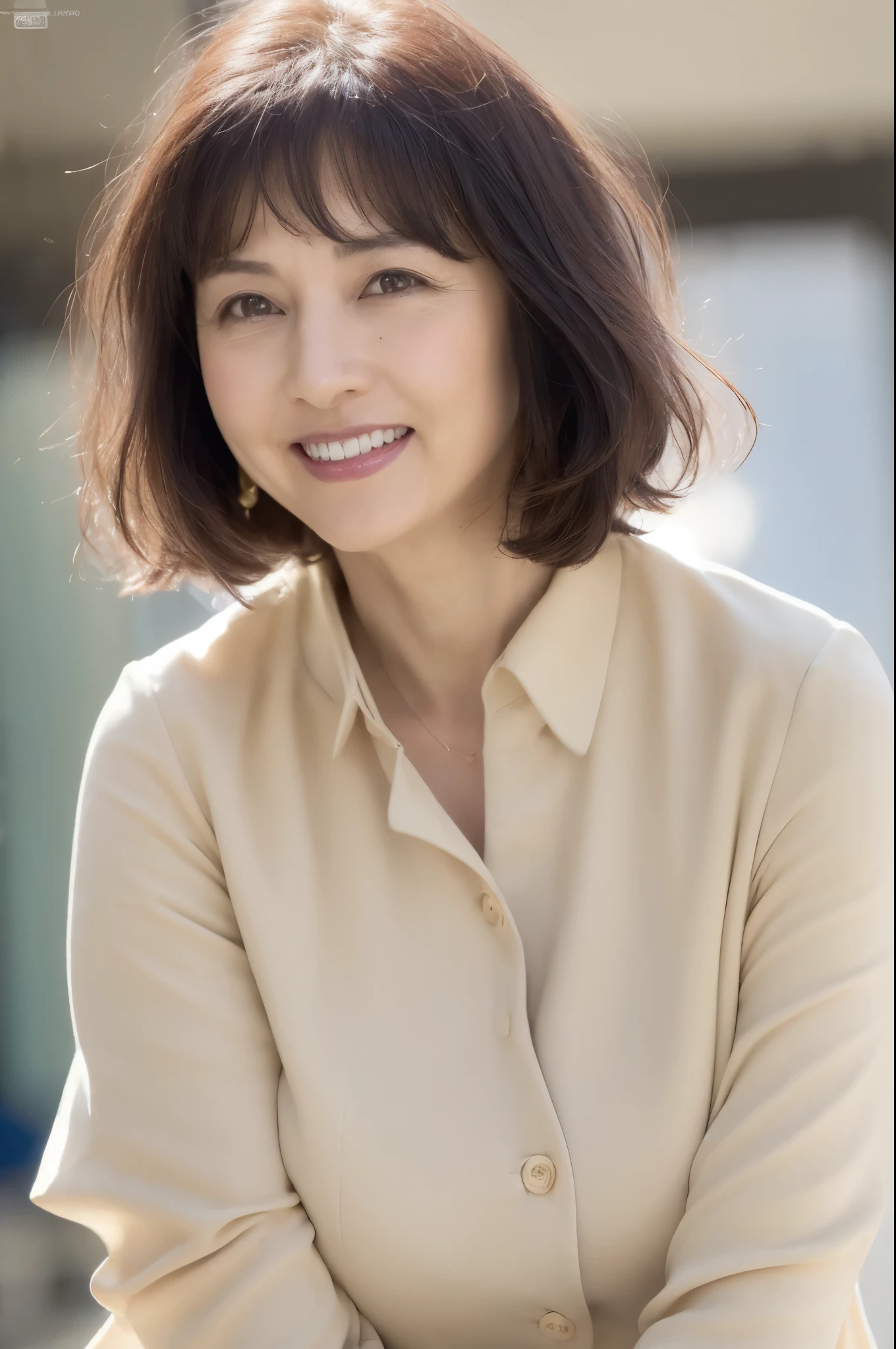 nsfw, ((Highest quality)), ((8k)), ((masterpiece:1.3)), ( PERFECT LOOK ), (photorealism:1.6), (), (Japanese women shopping), ( shopping malls that many people go to), Clarify the Background, Japanese Woman, 47 years old, ((realistic skin texture)), ( fine wrinkles all over skin : 1.3), ( dull skin : 1.1), (Dry skin: 1.2) , ( facial wrinkles: 0.9), ( Wrinkles in the corner of the eye : 1.2), double eyelid, Lower eyelid tear trough, (Crying Mole: 0.9), and look this way, Serious gaze, (Dimples: 1.2), red lips, (short bang: 1.2), short hair, Long hair with curls at the ends, (Hair over the ears), raising the corner of the mouth and smiling , Soft Fabric Blouses , Wide Sleeves, cuff perfect for your wrist , I Love Long Skirts, bare feet, hair fluttering in the wind, small breasts, (full body), low angle,