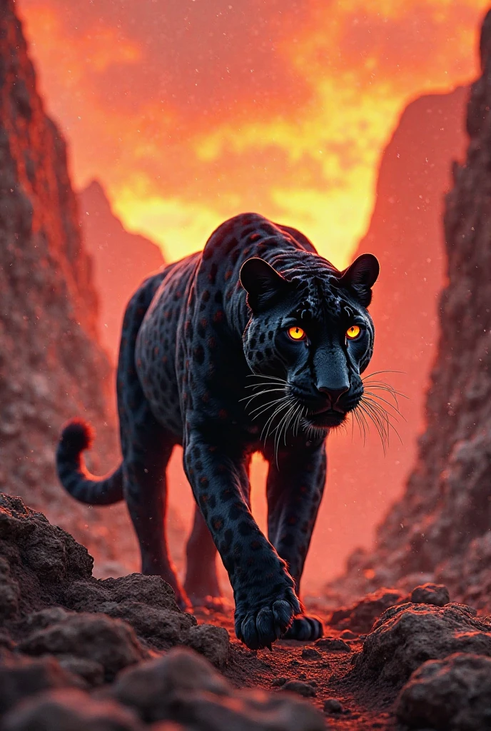 A black leopard with big red spots in the red mountains. - SeaArt AI