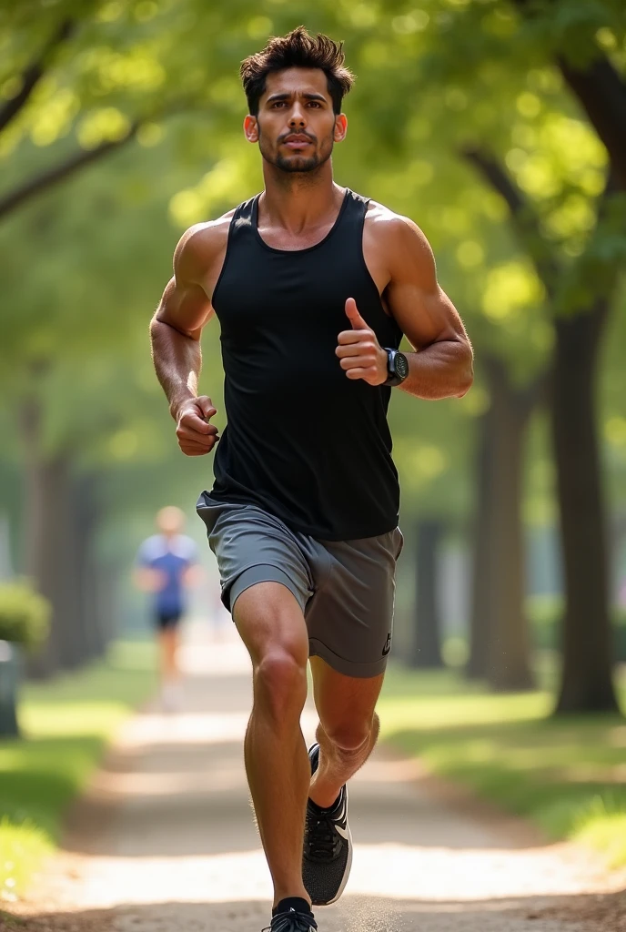 Capture the Malay man in athletic attire, mid-action during a sports activity like running, playing soccer, or shooting hoops. His pose should convey energy and athleticism, with a focus on movement and determination.