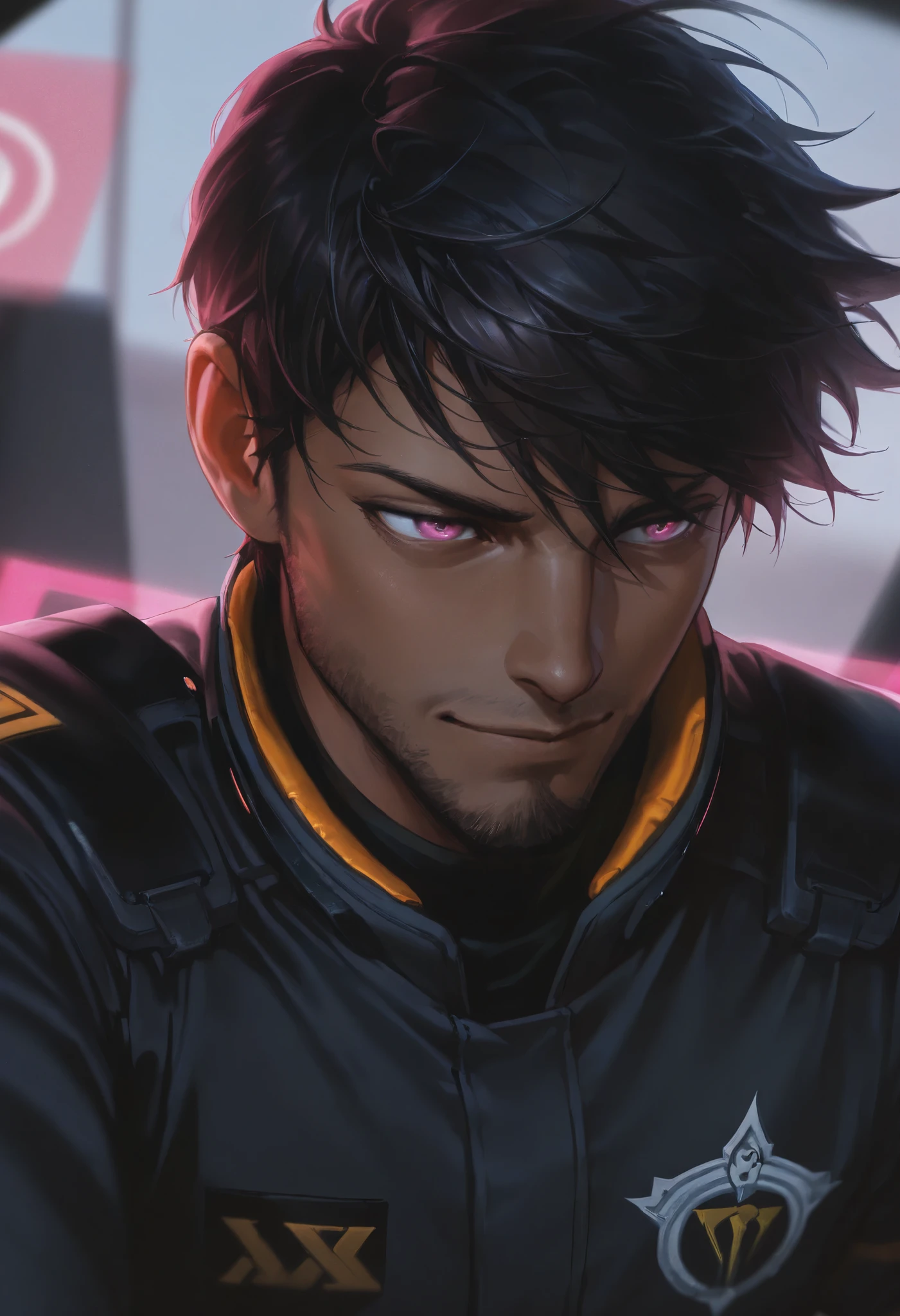 masterpiece, score_9, score_8_above, score_7_above, score_6_above, masterpiece, portrait, 1male, solo, dark skin, long black hair, soft smile, pink eyes, mature male, wearing a black pilot uniform, L0LSPL4SH
