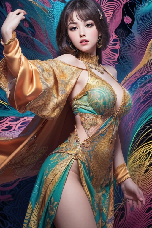 (masterpiece, top quality, best quality, official art, beautiful and aesthetic:1.2), (1girl:1.3), extremely detailed,(fractal art:1.2),colorful,highest detailed,(zentangle:1.2), (dynamic pose), (abstract background:1.5), (treditional dress:1.2), (shiny skin), (many colors:1.4), upper body