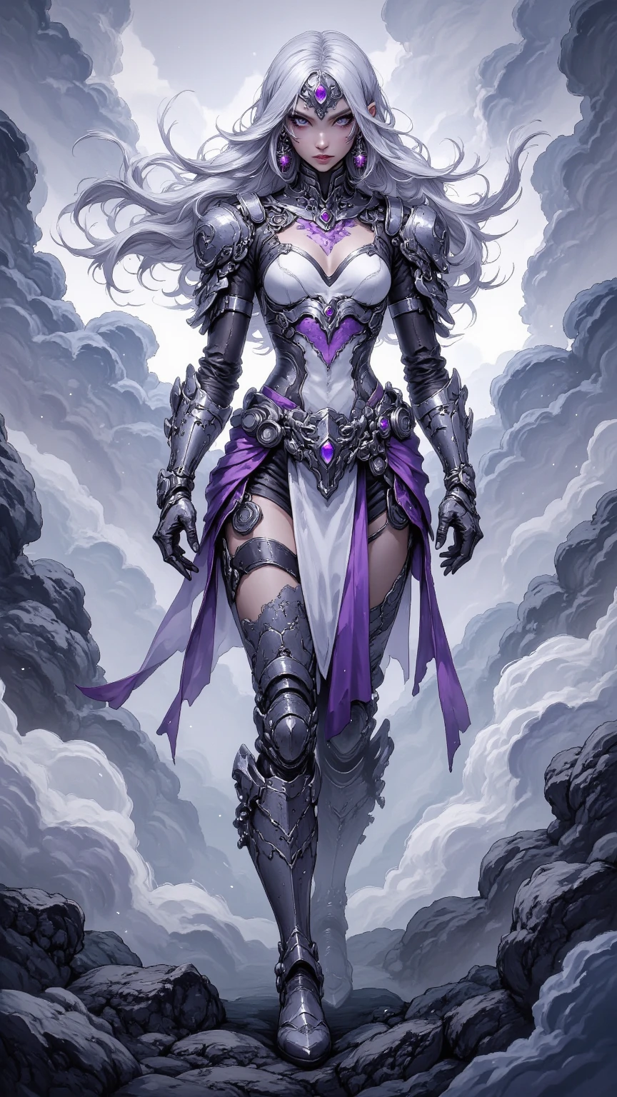guerreira drow feminina, armadura de couro sexy, lilac eye, cabelo longo branco