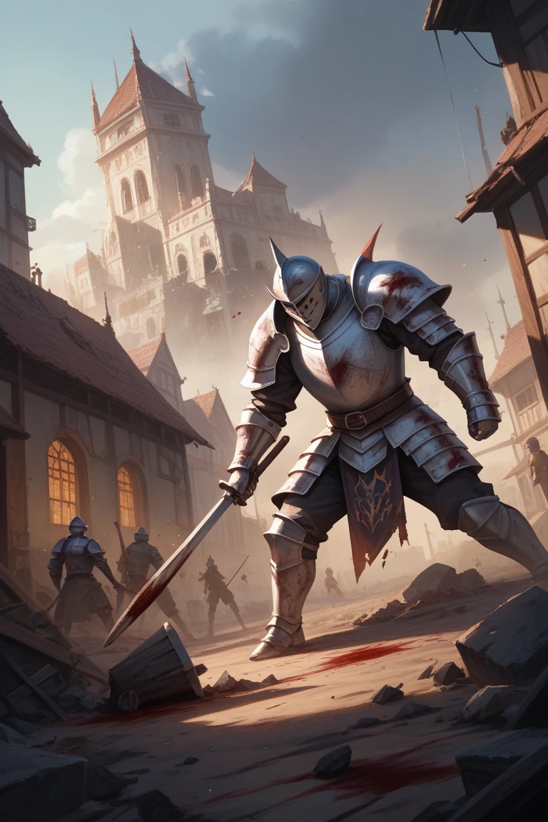 Bloodied helmetless knight with a sword in his right hand with a weary look from and on his knees