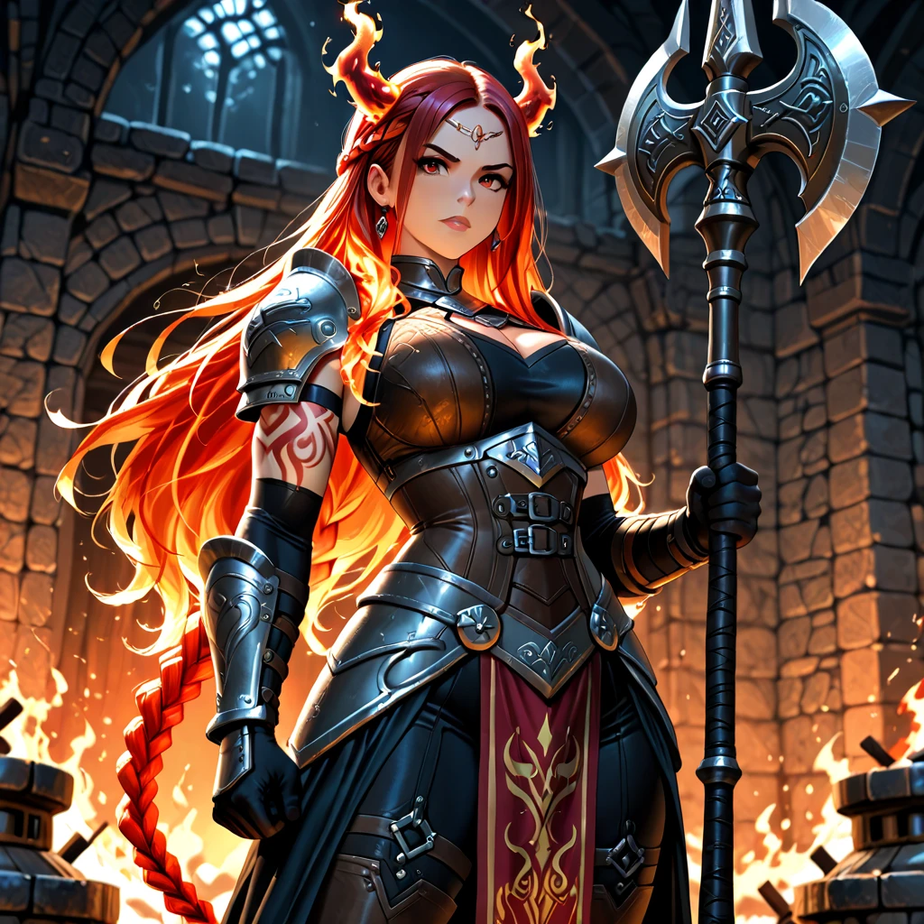 Closet up sexy and seductive Norwegian woman with brown hair, large breasts set body wearing red dragon armor with black sword with anime style fire element) (anime art style, high quality image --auto --s2