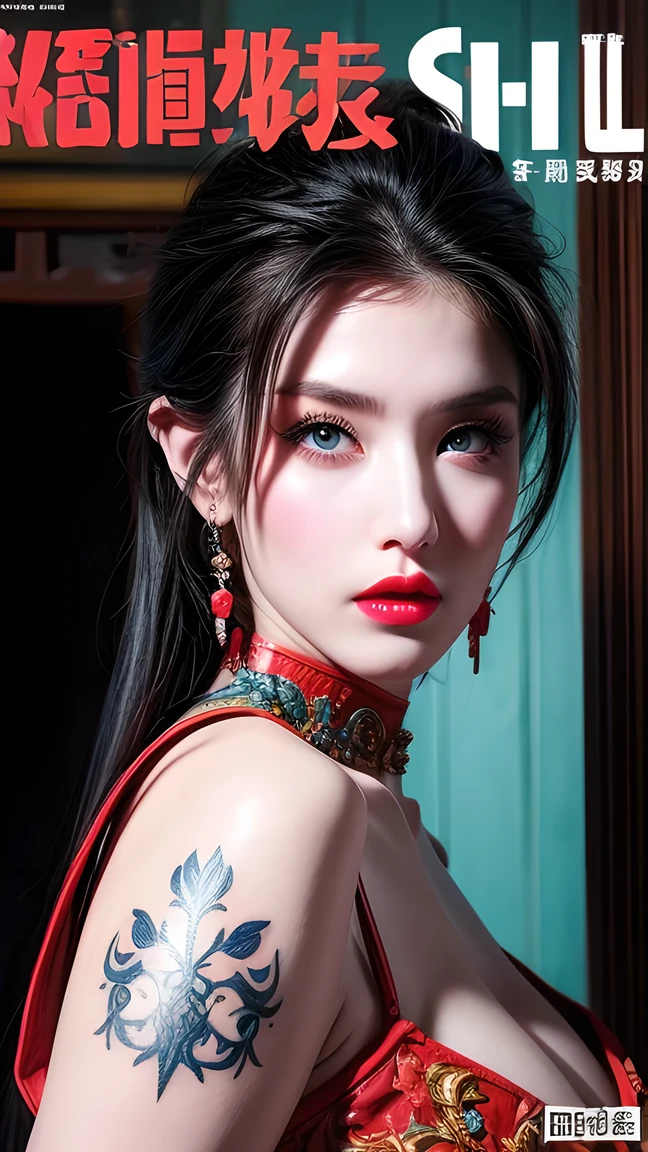 Official Art , colorful,Colorful background,Splash of Color,Movie perspective,style, magazine cover,
伿¼äº® c女åç²ç” çé¢è²,(meca style),Tattooed all over, in a large villa ,indoor,
Best Quality , masterpiece, ultra-high resolution ,modern,Chinese, song rhymes ,East,
Mature Face ,indifferent attitude ,(Eyeshadow,eyeliner:0.9),( red lips:1.3), watery eyes , blue eyes ,
big , Big Breasts , dress,extra long dress。