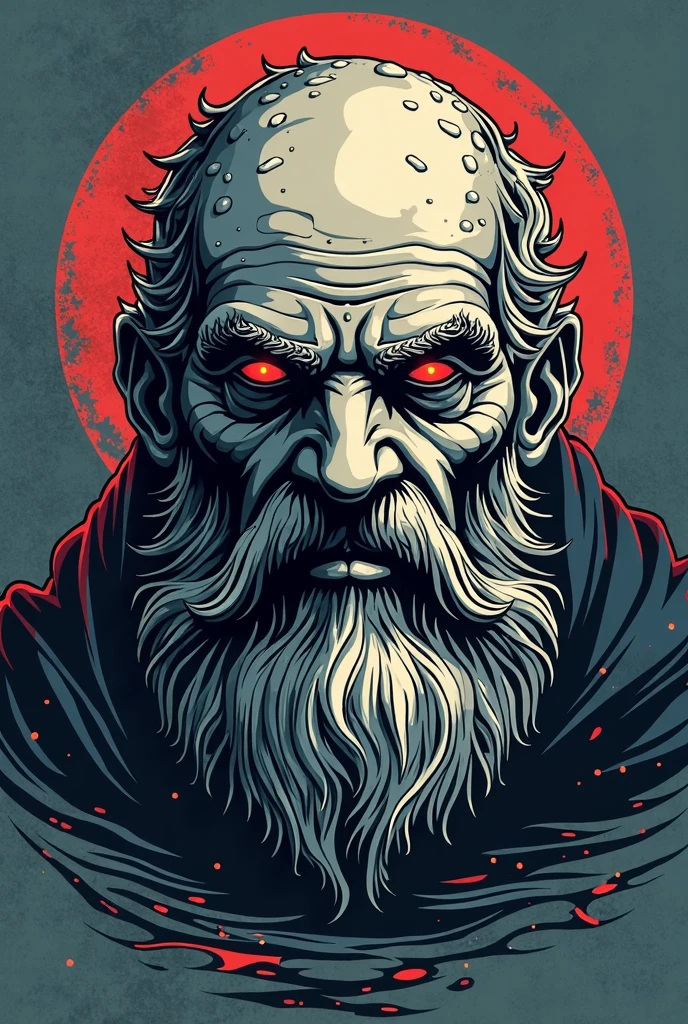 Masterpiece, high quality, 4K, beautiful design, brilliant, from the front, award-winning photo, extremely detailed, Awesome, fine detail, absurd, highly detailed old man, extremely detailed eyes and face, photography 4 Kodak Portra 400 camera f1.6 lens rich colors hyper realistic texture dramatic lighting unrealengine trend in artstation cinestill 800 tungsten, ((black and white image and color eyes)), a shot of an old man (red eyes sparkling) wearing a rather shabby hood, suspenders, extremely serious, expression extreme age in detail,