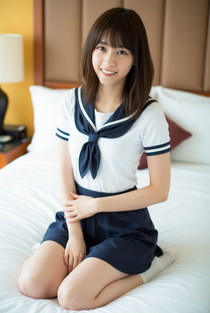 (masterpiece:1.2), super high quality, Japanese Girls, (Ultra-realistic), (Super Photography Style), One girl, Sexy 18 year old girl, Slender body, Thin thighs, (school uniform), In her room, Fashionable hairstyles, Laughter, Dark blue socks, White wall,