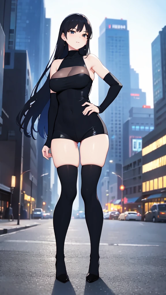 A colossal giantess succubus walks into a tiny city, breaking the floor and everything with her heels, she looks down and mocks you as you see him from below her tiny tits, full bodysuit and long legs covered all in transparent pantyhose, look down, evil, better quality, close, photo under her, destruction, caos, tiny people, tiny humans, blood