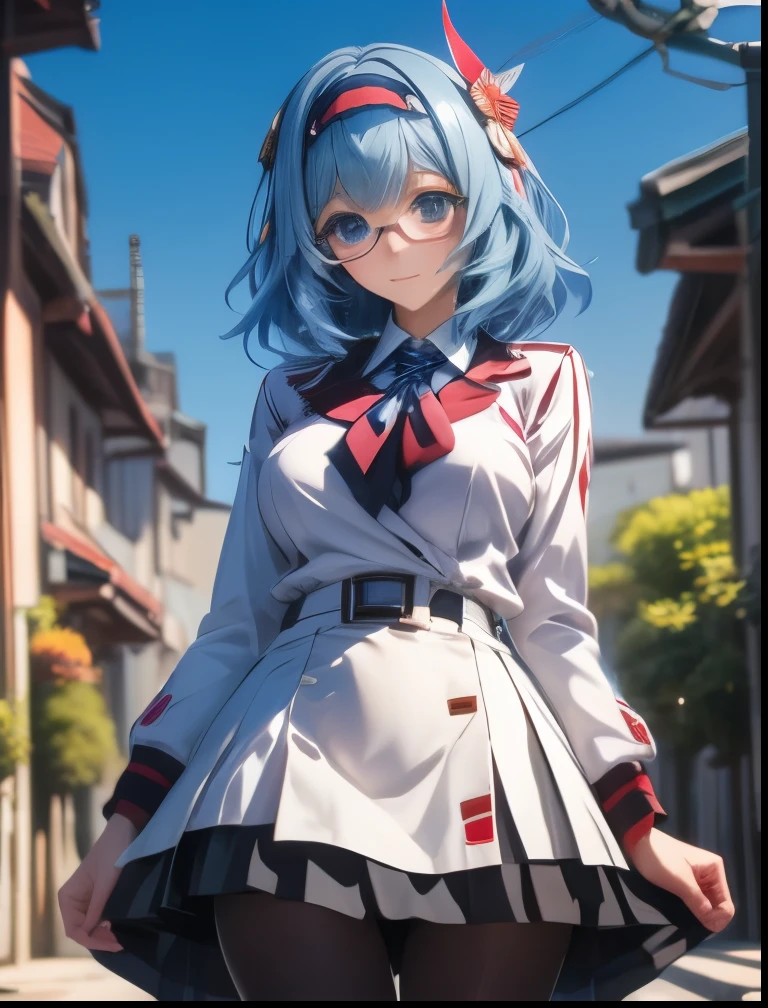 (((SFW、Highest quality、 first class masterpiece 、 Normal Body 、8k、 detailed face 、 super precise、 real color 、5refer to、Highest)))、Kanzashi Sarashiki (Kanzashi Sarashiki) / Infinite Stratos、Beautiful Girl、 light blue hair、bob cut with skindent、droopy eyes、slender、 slim、 can be used、 school uniform、miniskirt、tights、glasses