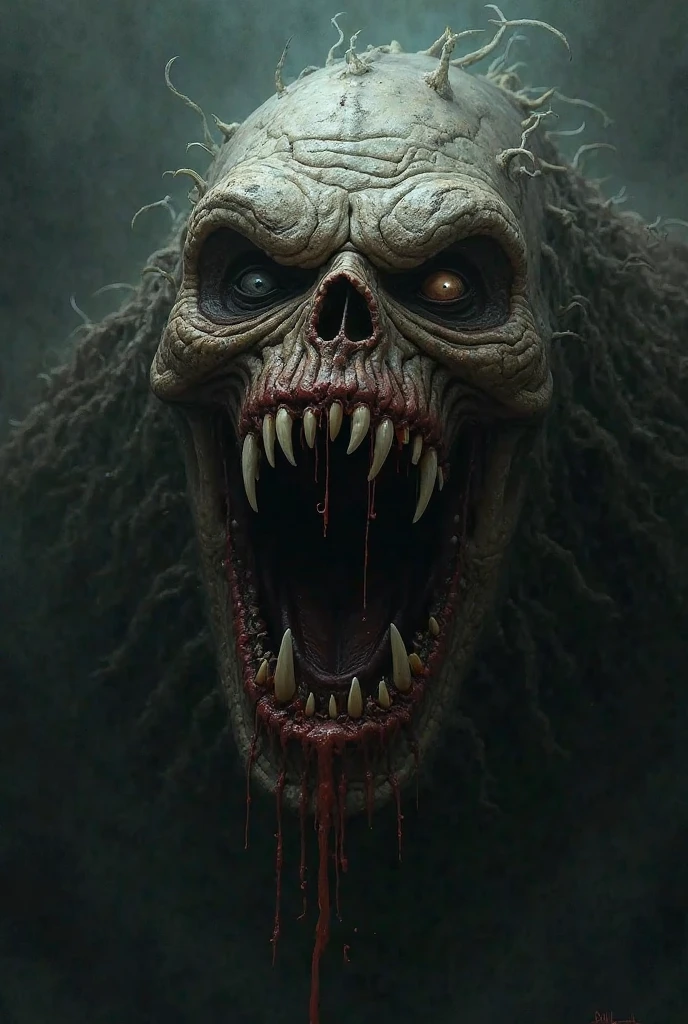 A terrifying monster, big and hairy, with half of his face like a skull and the rest covered in black hair. Your eyes shine brightly with anger, and your mouth has a malevolent smile, revealing sharp, jagged teeth.