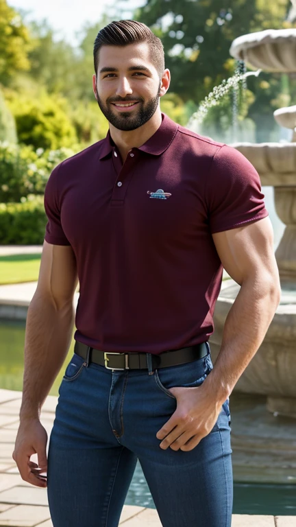 Handsome muscular latino man beard, strong and muscular legs, big lump, artwork, sonriendo, super sexy in jeans and burgundy polo shirt with blackstripes 8k ultra realistic masterpiece great detail next to a font super muscular , sexy , en el parque, 30 años de edad