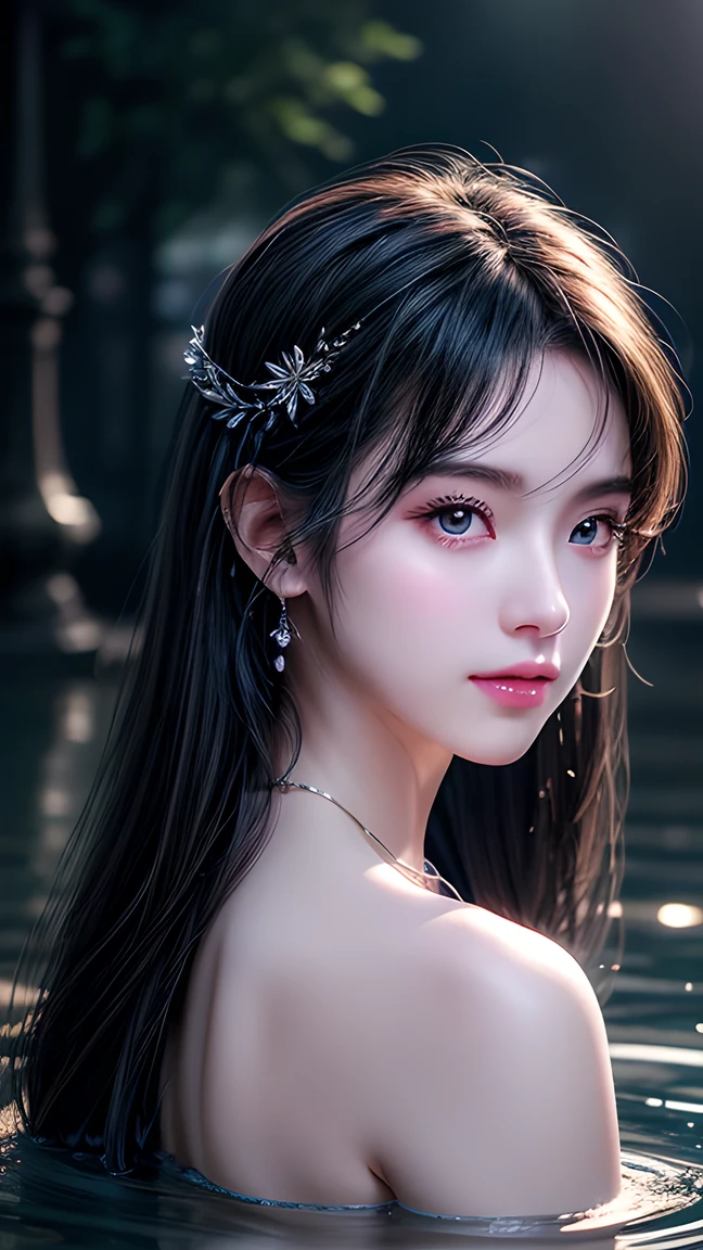  watery eyes ，爱student，[Shy]， long hair， masterpiece， Best picture quality， ultra-high resolution ，Higher quality， pretty girl，Miss，Heart-shaped hair accessories， 8K resolution on the front，Hot Girls，student，Contact lenses， blush，Thin suspenders ，dusk，oasis（（Waterfall figure in water）），Magic rings，Volumetric Light， cinematic lighting，natural light，Snow Moon Method  cute Girl Bare Shoulders， is unique，Clear Water Splashes Perfectly Reverse，Eyebrows have a pattern，  pretty dark eyes ，Floating water splashes，Black water drops， beautiful light ，  Best Quality ，illustration， masterpiece，best production，  Best Quality ， height detail， extremely detailed CG，illumination， cute， The Tyndl Effect ，Burning wrapped in water，Bare shoulders ，Depth of Field，dark water，Super cute，Luminescence， is very beautiful，exquisite facial features， cute，Dark Water Particle Effects，Dream，Floating Black Luminescence Particles，Burning hair， necklace（（ masterpiece）），（( top quality combat bed))，Exquisite CG，Blue-purple hue，Beautiful girl with a sweet and  cute smile