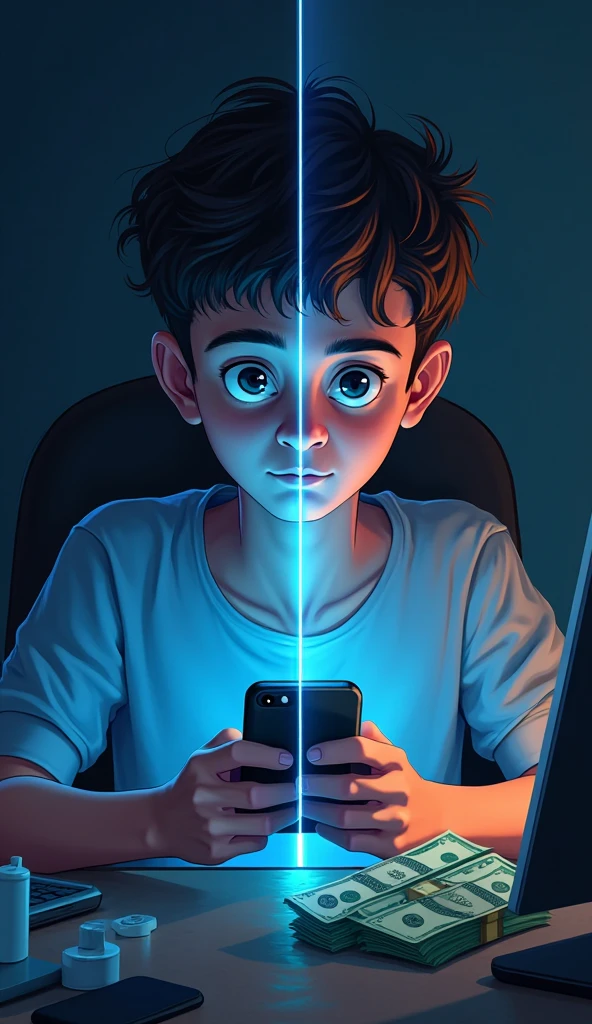 Images for an exhibition of social networks and their negative and positive aspects. It could be a child with a phone who sees a scammer's conversation