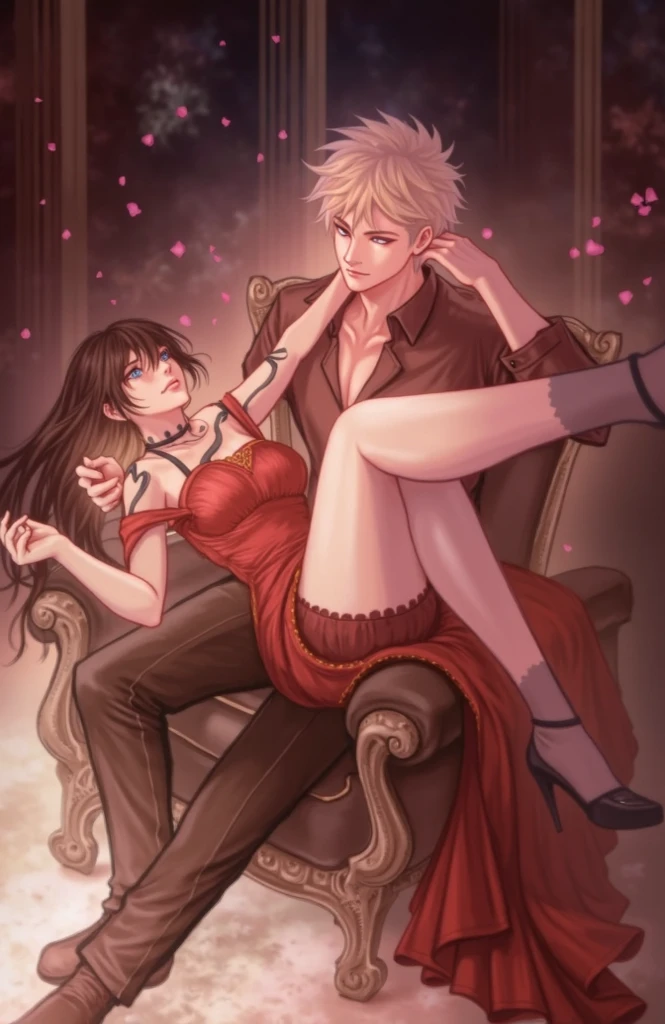 A handsome man would wear... lenceria de seda roja... it would be a bra with... lace trim and... there would be a coincidence... red silk panties. and there would have been... high heels and red lipstick. Only, purple hair, Red eyes, man wearing lingerie