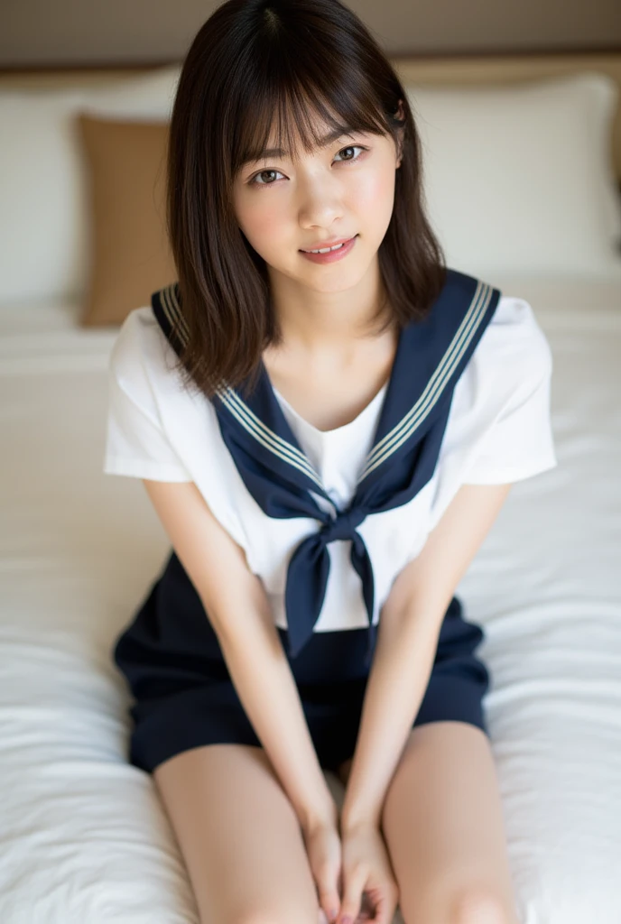 One girl, Short hair up to shoulders,Black Hair,smile, summer, room,Bed,Sit down,Junior high school freshman,Dignified face,Look at this,Slender body,front,Sailor suit,Fair skin, (masterpiece, Highest quality), Soft Light, Structure of the film, Like in the movies