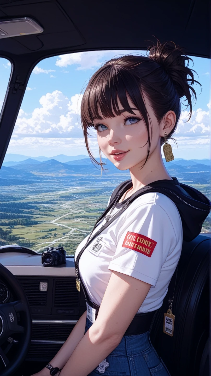 Highest quality、A girl is riding a white motorcycle, brown short cut、(He is wearing a jet helmet with white and black lines running down the center of the helmet from front to back.、White tank top、Pink jacket、short skirt、White knee-high socks、Brown work boots:1.3)、Japanese countryside scenery、Road beside the stream、Small creek、Dirt Road、Weeds grow along the side of the road、Blue sky、White clouds floating、Early summer sky、gigantic breasts, giga_busty