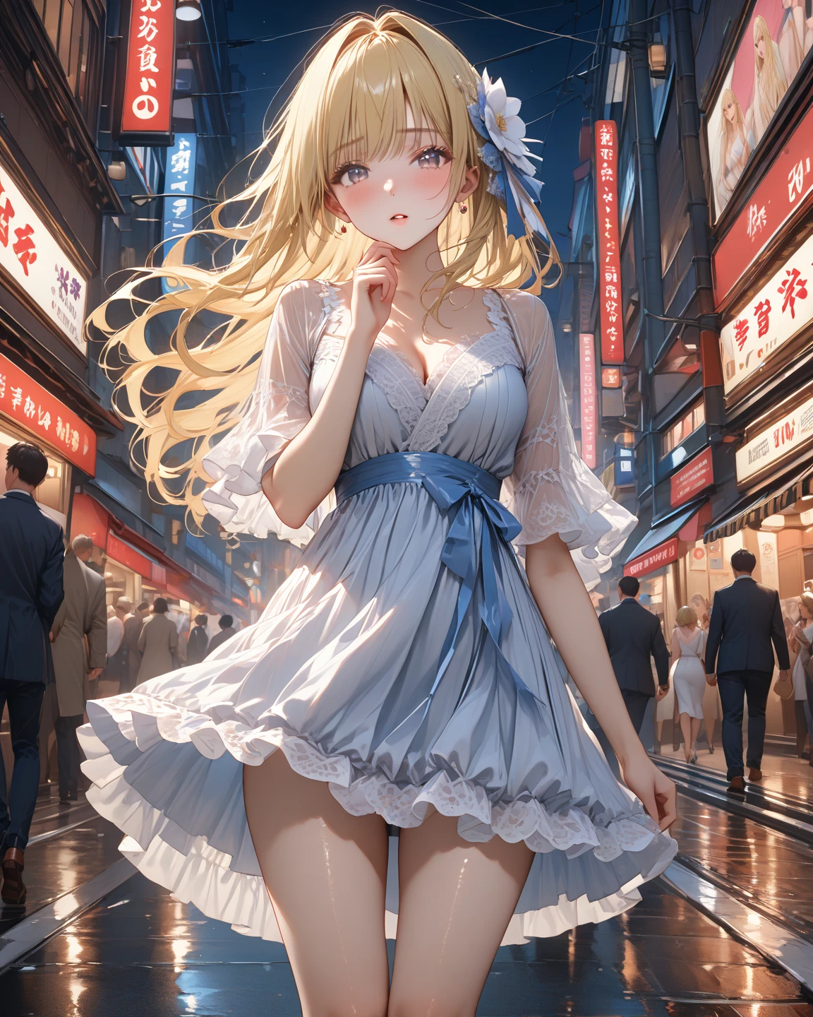 Low - Angle,From below,((masterpiece:1.4, Highest quality)), ((masterpiece, Highest Resolution)), (Beautiful illustrations),One girl, Beautiful medium-long silver-blonde mixed hair, (Show me your beautiful nipples),
(Elegant floral print mini flare skirt),((Showing off her elegant white panties)), (Looking at the audience),
An innocent smile, Cute smile,night,Shopping Mall Street, neon,Cinema Lighting,