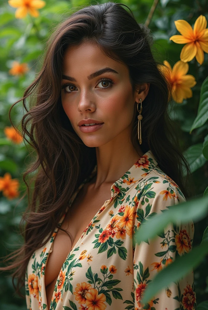 A Brazilian woman in a lush tropical garden, wearing an open shirt with a floral print, with a close-up capturing the harmonious beauty between her breasts and the natural flowers, showing off your natural charm and outgoing personality.