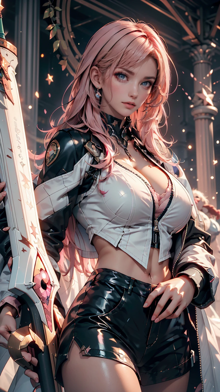 (best quality)), ((Masterpiece)), (details:1.4), 3d, HDR (high dynamic range), an image of a beautiful cyberpunk female, fantasy, medieval, Cyberpunk, Sleek style, pink hair, High ponytail, Beautiful White eyes, จมูกโด่ง, ปากแดง, หน้าอกใหญ่, nvidia RTX, PBR surface, After processing, Anisotropic filtration,depth of field, Maximum clarity and clarity, multi-layered surface, Subsurface tering, perfect proportions, 8K raw files, ultra detailed, Perfect proportions, volumetric lighting, soft lighting, Holy Paldin, Heavy Golden Armor, White dress, intricate Silver embroidery, glossy skin, Bed room Background, jewely, ต่างหู, mini white skirt, armor grove