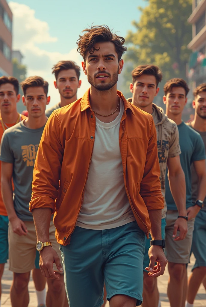 Face photos of a thin white Brazilian man, 4, with clothes in different scenes