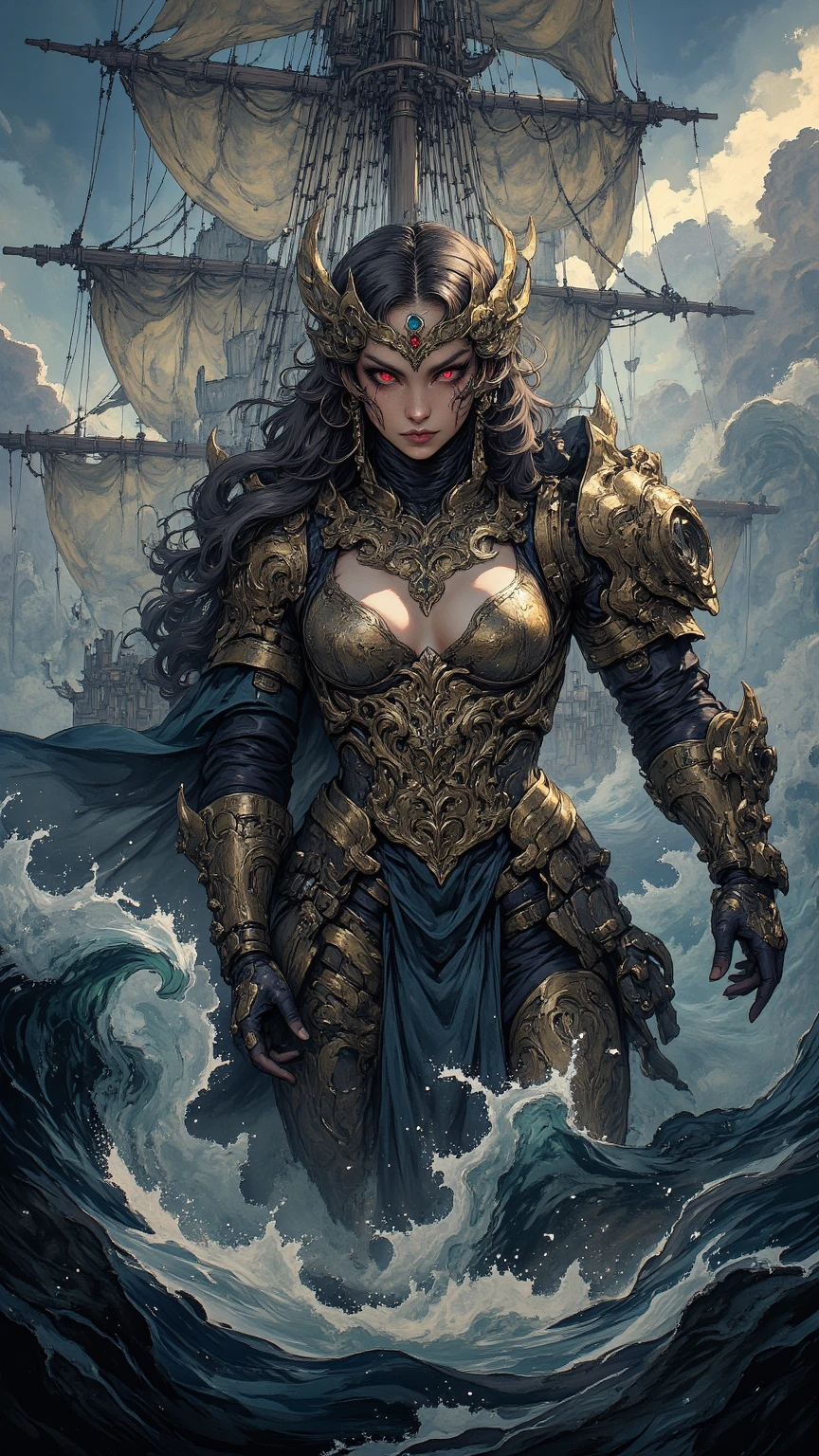 (original: 1.2), (realistic: 1.5),absurdres, incredibly absurdres, ultra detail, high resolution, ultra detailed, best quality, amazing, top quality, extremely detailed CG unity 8k wallpaper, cinematic lighting, (perfect shiny skin:0.6),looking at viewer,black long hair, slim and smooth lines, large breasts, slender waist,(magician:1.2), (Armed knight,armour,golden armour,:1.2,pantyhose,jewelry, earrings, necklace,), pose , (rich:1.4), prestige, (luxury, jewelry, diamond, gold, pearl, gem),(in the ocean:1.2), <lora:eclipse fire :0.4> <lora:knight_v4.1SD:0.9>