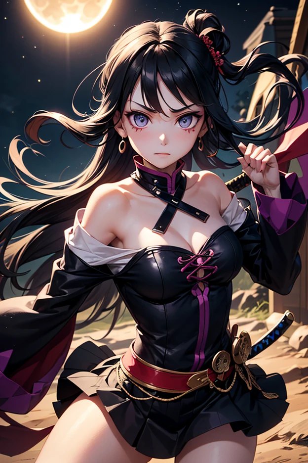 1girl, solo, dark angel, ((black hair)), long hair, large breasts, ((black dress)), cleavage 1:3, purple eyes, ((black wings)), grin, standng, samurai sword, katana, looking at the viewer, fire