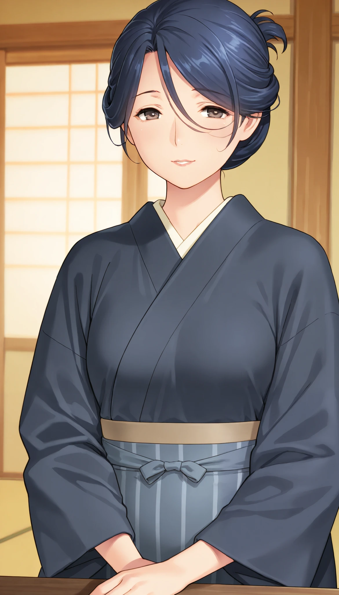 mature woman, housewife, Blue Hair, hair between eyes, chignon hair, The costume of the Japanese inn's wife, Chest, Mature Woman, Soft light, High Precision, best quality, upper body, small breasts 、Larger clothes、Shipgirl