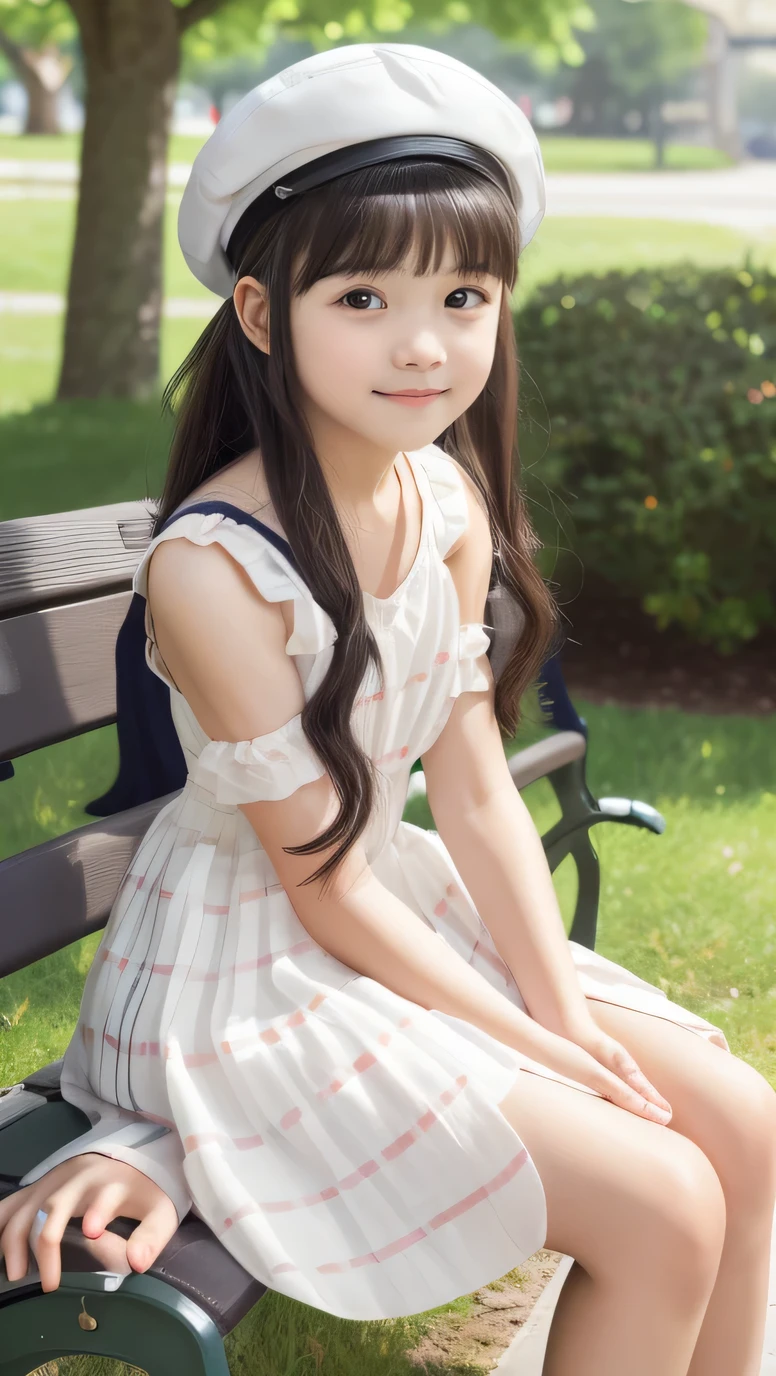 Araffe girl sitting on a bench in a park wearing a hat - SeaArt AI