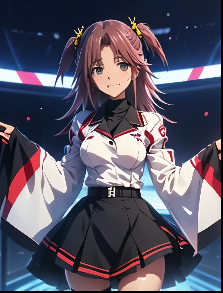 (((SFW、Highest quality、 first class masterpiece 、 Normal Body 、8k、 detailed face 、 super precise、 real color 、5refer to、Highest)))、Honne Nohotoke、"nohotoke honne"、/ Infinite Stratos、Beautiful Girl、 Hair、slender、 slim、Big Breasts、 can be used、 school uniform、oversized school uniform with dowel sleeves、miniskirt、 Smile