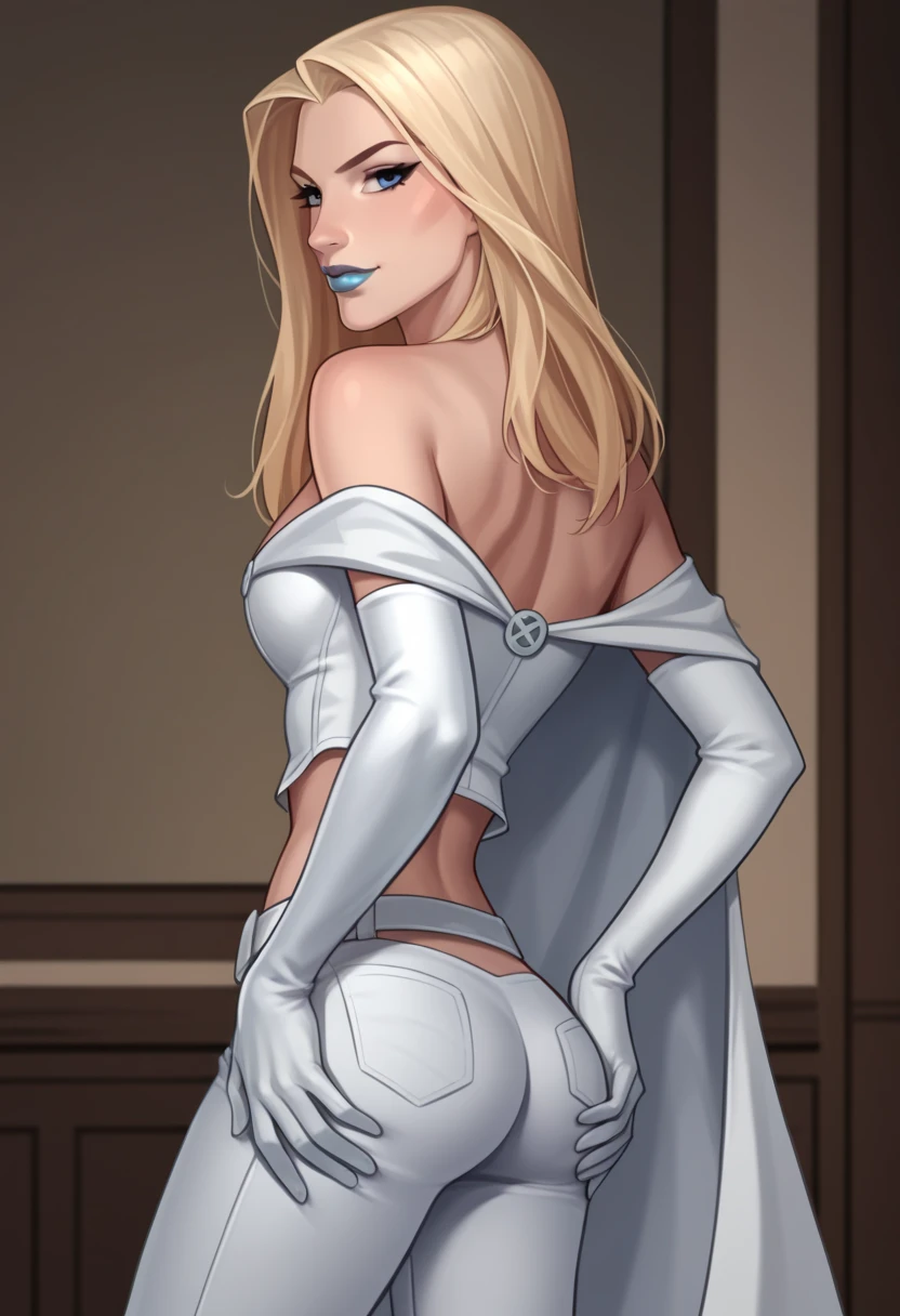 source_anime, best quality, clear face, Emma frost,  blonde hair, blue eyes, long hair, large breasts, perfect body, looking at viewer, smile, Marvel costume, in the city ​​at night, Lying Down, dynamic angle, from behind view, big ass ,seductive anime girl, sfw version.
