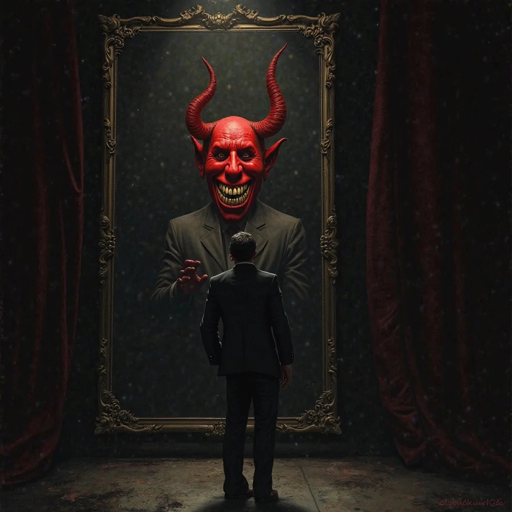 painting of the year (masterpiece) (4k) ((man looking towards the viewers with his devil at the background))