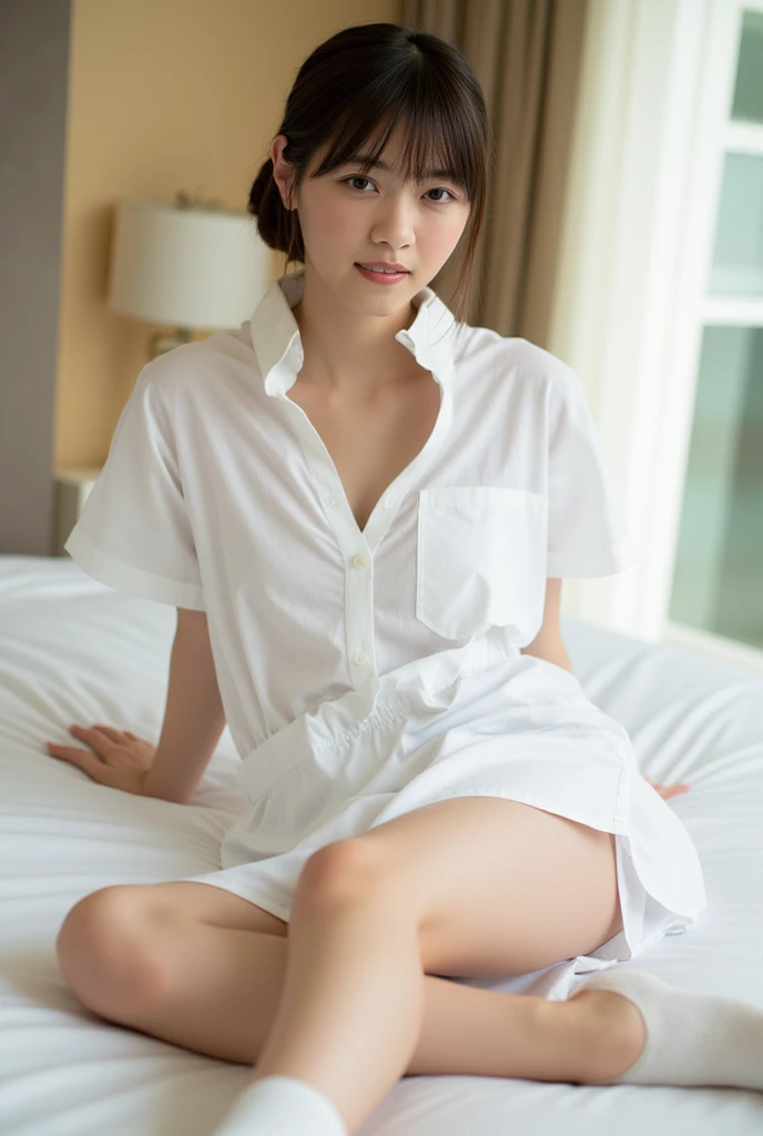 top-quality、​masterpiece、超A high resolution、(realisitic:1.4)、Beautiful Women１、Beautiful detail eyes and skin、smile、Light brown long-cut hair, She is Wearing a white bathrobe, gorgeous model, photo of slim girl model, IG-Modell, beautiful female model, in the bedroom, white bathrobe, open chest bathrobe, wet hair, on the bed, 24 years old, white skin, inviting pose, lie down