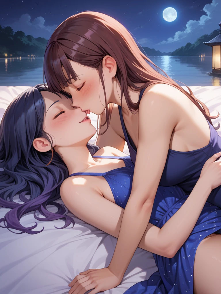 a A captivating and tender anime-style illustration of two women, in love, standing on a beautiful bridge facing each other. The first woman is a beautiful young woman with British (Anin) features, semi-long light brown hair held on one side by a delicate buckle and is dressed in a 50's style sleeveless dress in light lilac with small white polka dots and low-heeled shoes. About to kiss the second woman is a beautiful young woman with Asian (Pin) features, dark brown hair, and she is dressed in a 50's style sleeveless dress, pastel pink, and is wearing low-top shoes. she seems surprised and shy about the kiss they are about to give her.
The image exudes complicity and tenderness between the two.
