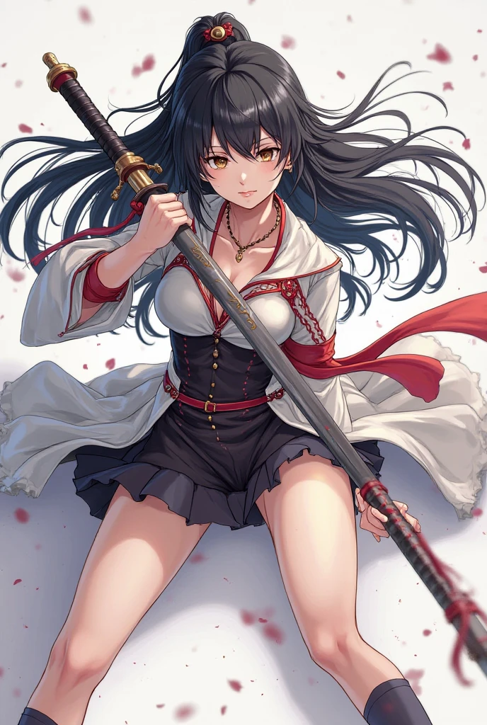 (hews art style:0.7), score_9, score_8_up, score_7_up, score_6_up, score_5_up, score_4_up, 1girl, yukinoshita yukino, black hair, long hair, grey eyes, BREAK (masterpiece:1.2), best quality, high resolution, (illustration:0.8), (detailed eyes:1.3), perfect lighting, (perfect hands, perfect anatomy), small breasts, 1girl, solo, rating:safe, cleavage, sword, choker, gloves, fingerless_gloves, sketch, one_knee, kneeling, japanese_clothes, kimono, katana,